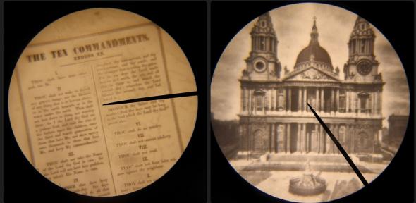 Two of Dancer's microphotographs: The Ten Commandments and St Paul's Cathedral