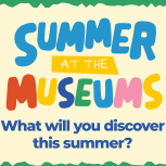 Summer at the Museum graphics, including a dinosaur, a telescope, a butterfly and a shell.